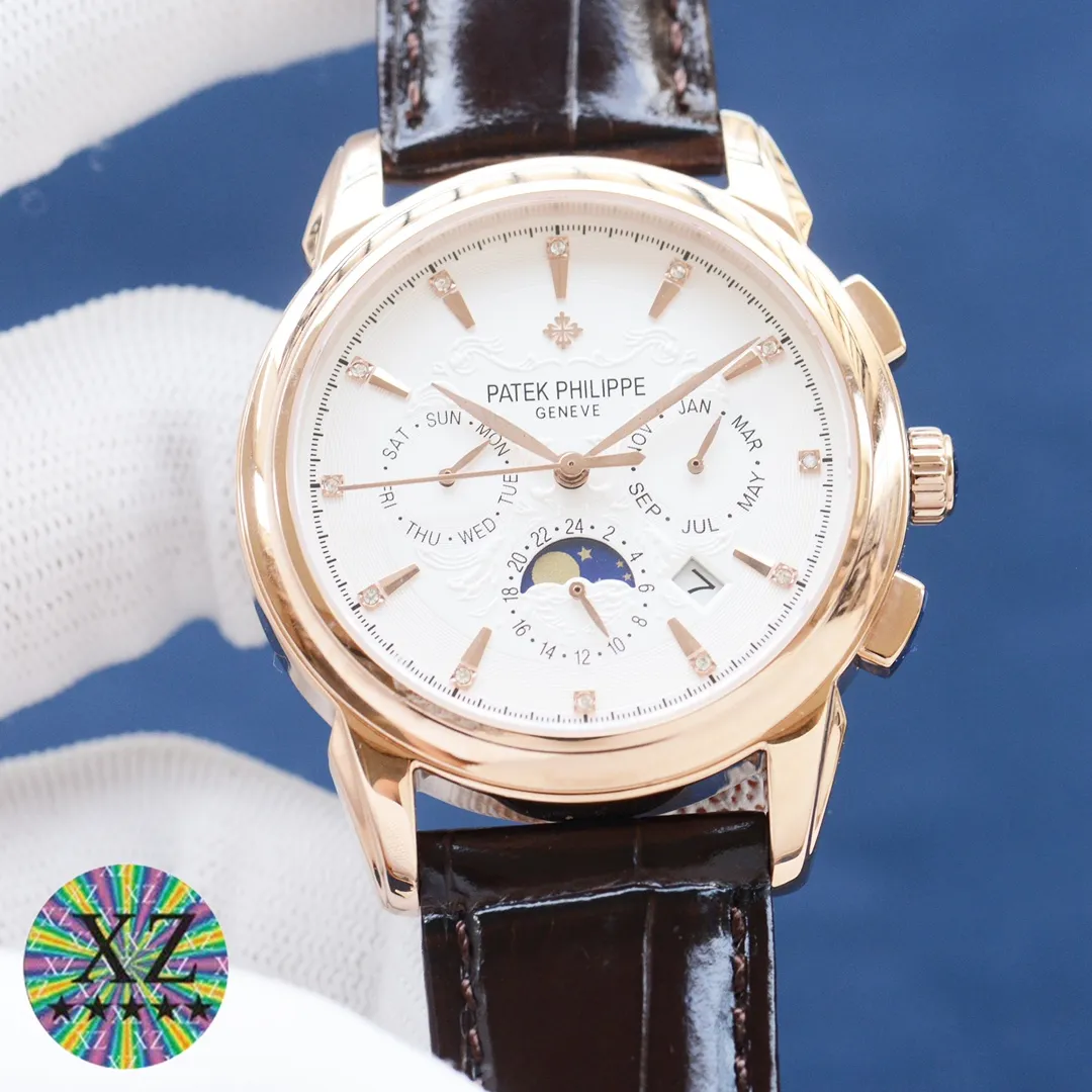 Patek Philippe - PP multi-function watch, full of business style, equipped with an original imported 9100 moon phase function movement mechanical watch with accurate travel time and zero repairs. The use of 13 square diamonds as scales on the dial shows the luxurious temperament of this watch [呲呲] imported cowhide strap. The watch mirror is made of sapphire mirror and the see-through bottom cover It is waterproof to 30 meters and has a diameter of 42mmx10mm. The functions of the watch include day of the week, month, date, moon, sun and other functions. The reputation of the best men's watch is revealed in every detail: a man is a warm gentleman, with great taste and craftsmanship, which is comparable to the original! The appearance and appearance are the same and unique! (Focus on original new machines) Made by big manufacturers! Welcome to reprint!